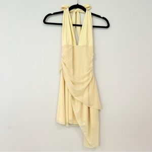 SHEIN Women’s Yellow Halter Backless Mini Dress with Drape and Bow Details